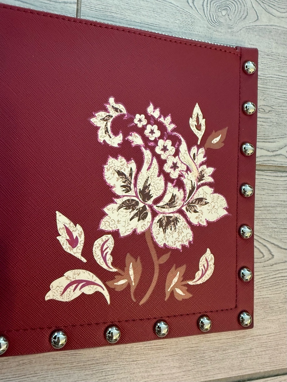 White House Black Market Burgundy Floral Studded Wristlet Clutch - Picture 5 of 12